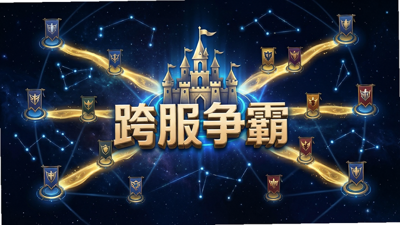 主体为游戏地图界面,显示多个服务器节点连接在一起。中心是一个巨大的城堡图标,周围环绕着许多小旗帜,代表不同公会。一条金色的光带连接着各个节点,象征跨服通道。背景是深邃的宇宙星空,点缀着星座连线。文字“跨服争霸”以立体浮雕效果显示在中央。风格为科幻与奇幻结合,色彩以蓝金为主,清晰展示网络连接结构。画质清晰,布局对称,无杂乱元素。