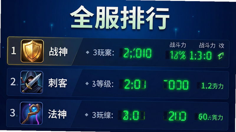主体为游戏排行榜界面。列表显示玩家名称、等级、战斗力数值。第一名是“战神”职业的玩家,头像为金色盾牌;第二名是“刺客”职业,头像为匕首;第三名是“法神”职业,头像为法杖。背景为深蓝色渐变,数字以亮绿色显示,突出高战力。文字“全服排行”以大号字体显示在顶部。风格为数据可视化图表,清晰直观,无多余装饰,强调排名差异。画质高清,色彩对比鲜明。