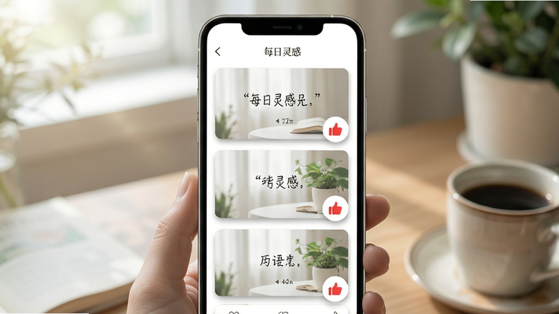 主体为APP内容推荐页,布局采用卡片式垂直排列,排版美观有序,风格为文艺清新风,细节展示带阴影的语录卡片、柔和的配图、点赞图标,画质精致,干净,文字显示