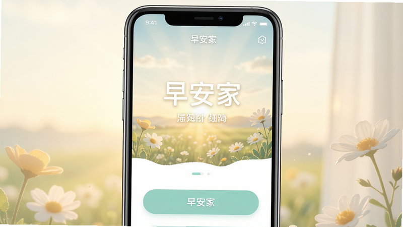 主体为手机屏幕界面,布局居中展示早安家APP首页,排版简洁清爽,风格为清新治愈系,细节包含柔和的晨光背景、清晰的文字问候语、柔和的UI按钮,画质高清,干净无多余元素,文字显示