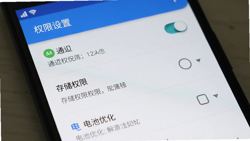 主体为手机设置界面,布局显示应用权限管理页面,排版为标准安卓系统UI,风格为科技简洁风,细节展示通知权限开关、存储权限选项、电池优化设置项,画质清晰,干净,文字显示