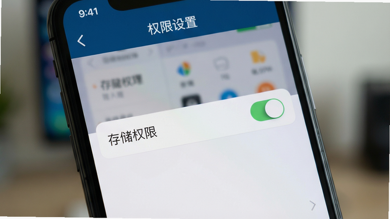 主体为手机设置界面,显示游戏权限管理页面,中央是“存储权限”选项,背景模糊处理,布局简洁,排版清晰,风格为扁平化UI设计,细节展示开关状态,画质清晰,干净,无多余元素,文字