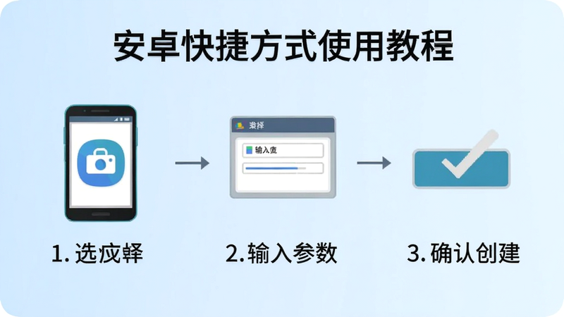 安卓快捷方式使用教程图解,展示三步操作:1.选择应用,2.输入参数,3.确认创建,背景为淡蓝色渐变,步骤图标清晰,文字说明简洁,排版整齐,易于理解,高清矢量风格