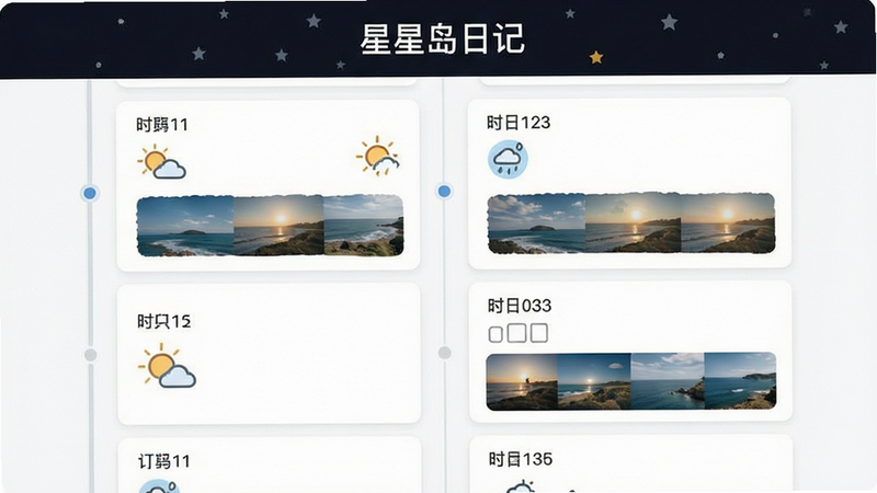 ����Ϊʱ�����б����棬����Ϊ��ֱ�����б�������Լ�ִ���ϸ����ʾ��ͬ���ڵ��ռǿ�Ƭ��ÿ�ſ�Ƭ���в�ͬ������ͼ�������ͼ�������������ɾ����޶���Ԫ�أ�������ʾ�����ǵ��ռǡ�����