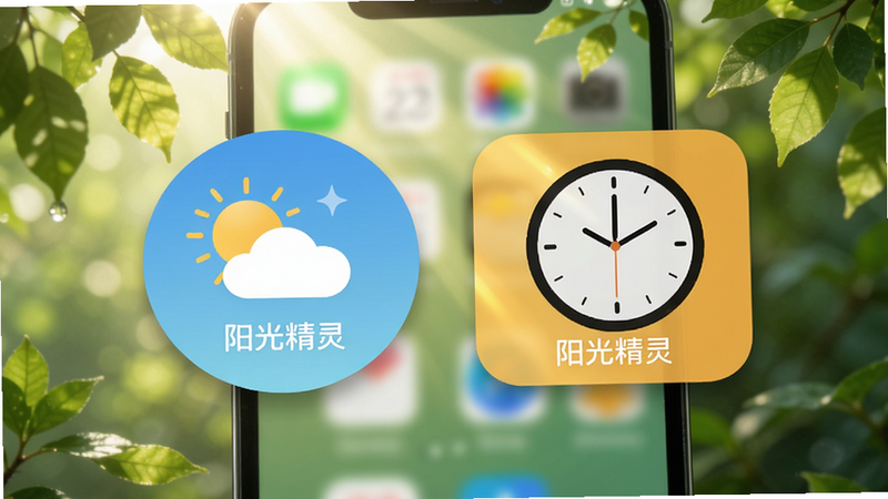 主体为阳光精灵APP在手机桌面的小部件展示,布局为桌面背景上悬浮两个圆形和矩形小部件。风格清新自然,阳光透过树叶洒在手机屏幕上。细节显示小部件内有天气图标和时钟,文字显示