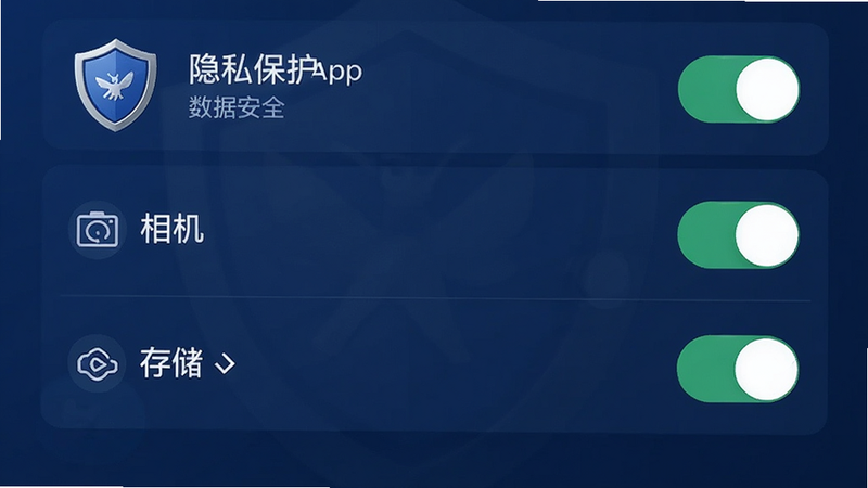 主体为阳光精灵APP的隐私设置界面,布局为开关列表形式,显示位置、相机、存储等权限状态。风格严肃而可靠,深蓝色调为主。细节中显示