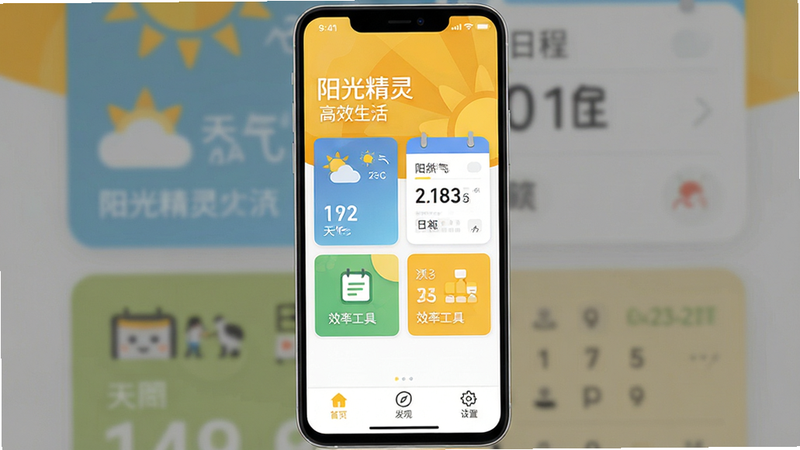 主体为阳光精灵APP的安卓手机界面展示,布局为竖屏全屏显示,顶部状态栏清晰,底部导航栏包含首页、发现、设置三个图标。风格为现代扁平化设计,色调以温暖的阳光黄和清新的白色为主。细节包括中间区域展示的核心功能卡片,如天气、日程、效率工具,文字显示