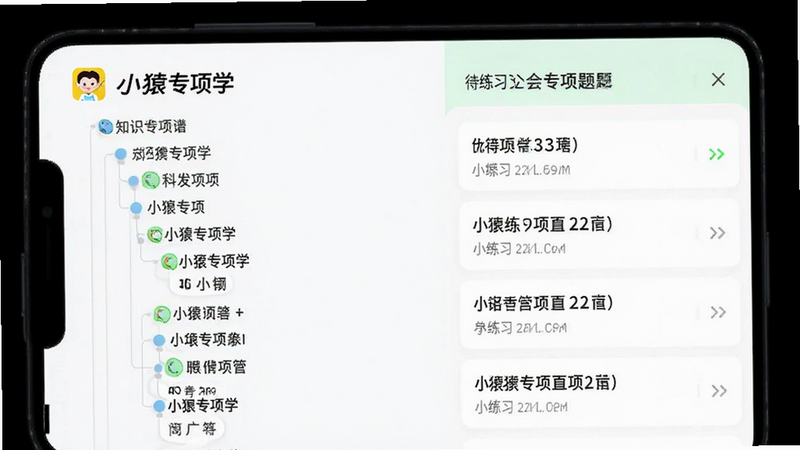 手机应用界面截图,左侧显示知识图谱树状结构,右侧列出待练习的专项题目列表,界面清晰,字体易读,背景白色,突出“小猿专项学”品牌标识,现代简约风格,高保真UI设计