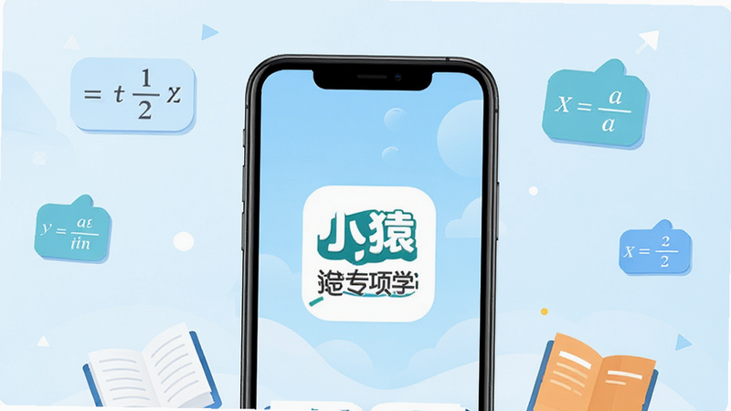 一张简洁明亮的教育类APP界面设计图,主体为手机屏幕,显示“小猿专项学”Logo,背景为淡蓝色渐变,周围环绕着数学公式图标和书本元素,风格扁平化,高清,无多余装饰文字,干净背景