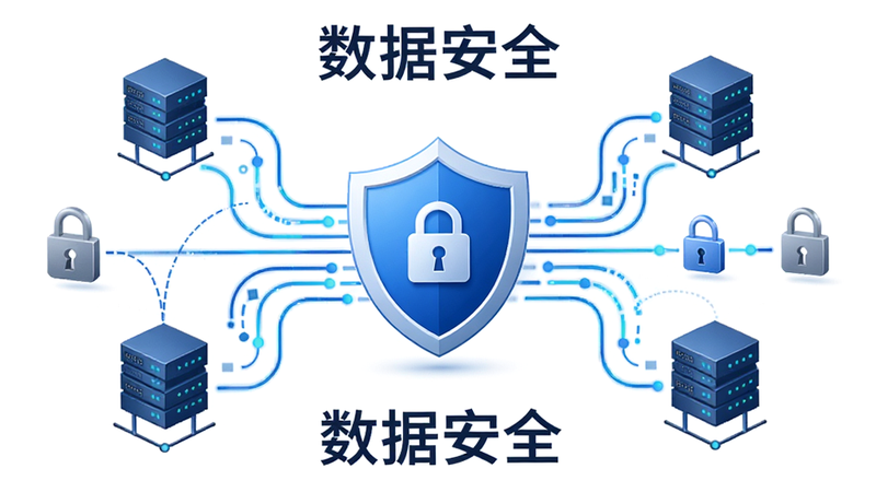 主体为数据云同步的示意图,中心为盾牌图标代表安全,周围环绕着数据流线条,布局对称平衡,风格商务简约,细节包括锁形图标和服务器符号,画质精致,干净背景,文字内容为