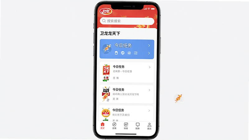 主体为手机屏幕显示的卫龙龙天下APP首页界面,布局清晰,顶部为搜索栏,中部展示任务列表卡片,底部为导航栏,风格为现代扁平化设计,细节包括清晰的图标和文字排版,画质高清,干净无多余元素,文字内容为