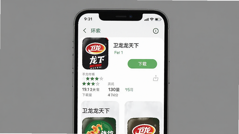 主体为手机应用商店的搜索界面,显示“卫龙龙天下”的下载按钮,布局居中,风格现代,细节包括评分星级和下载量数据,画质高清,干净背景,文字内容为