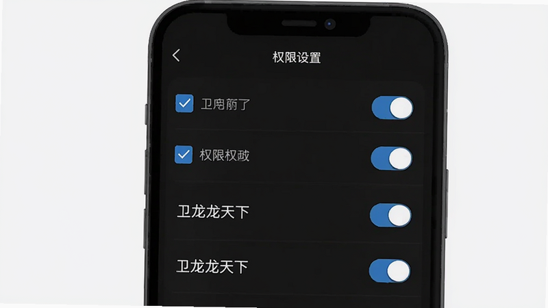 主体为手机设置界面的示意图,显示应用权限管理页面,布局为列表形式,风格简洁明了,细节包括勾选的权限项和开关按钮,画质清晰,干净背景,文字内容为