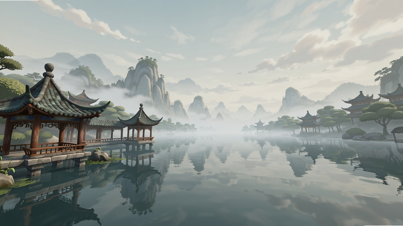 描绘一个游戏内的湖景场景,远处有朦胧的山脉,近处有古色古香的亭台楼阁,水面倒映着天空,整体风格为中国传统水墨画风格,色彩柔和,细节丰富,高质量游戏截图风格
