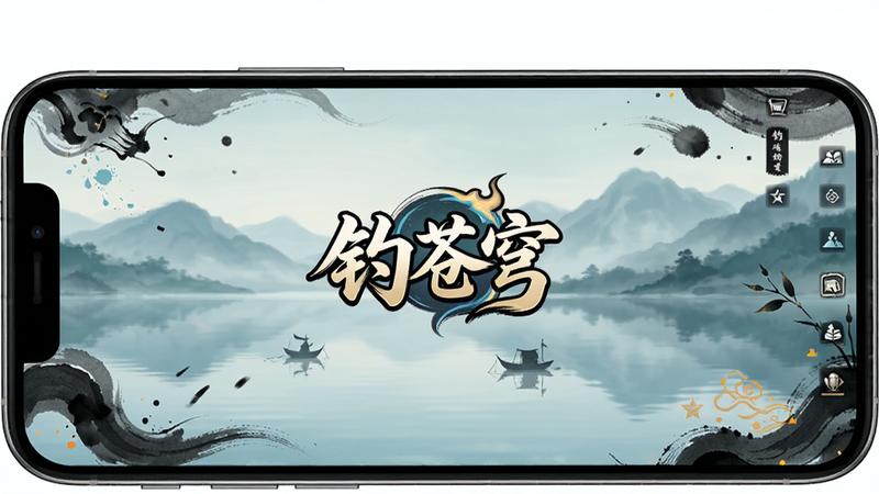 一张展示手机屏幕全屏显示“钓苍穹”游戏界面的概念图,背景是宁静的湖泊与远山,屏幕中央显示游戏Logo,周围环绕着水墨风格的装饰元素,整体色调清新淡雅,高清渲染,无多余杂物,干净背景