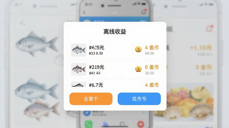 一个手机界面截图,显示“离线收益”弹窗,列出几种鱼类的数量和金币奖励,界面简洁现代,按钮醒目,背景模糊处理,突出前景信息,UI设计简洁大方