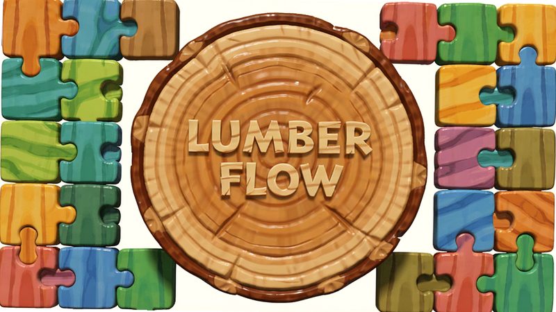 主体为Lumber Flow游戏主界面,布局为居中展示一块巨大的原木横截面,周围环绕着不同颜色的木块拼图,排版简洁大方,风格为清新自然风,细节展现木材纹理与光泽,画质高清,干净无多余元素