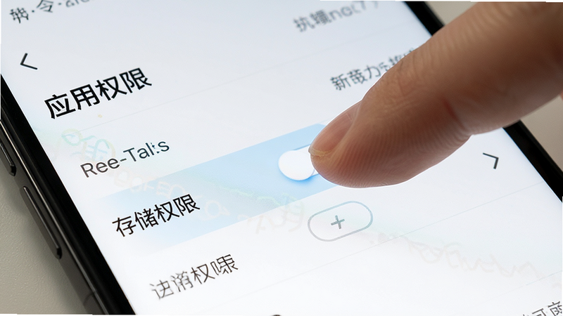 主体为手机设置界面截图,布局为聚焦于“应用权限”设置页,高亮显示“存储权限”开关,排版简洁,风格为UI界面设计,细节展现手指点击动作,画质清晰,干净无多余元素