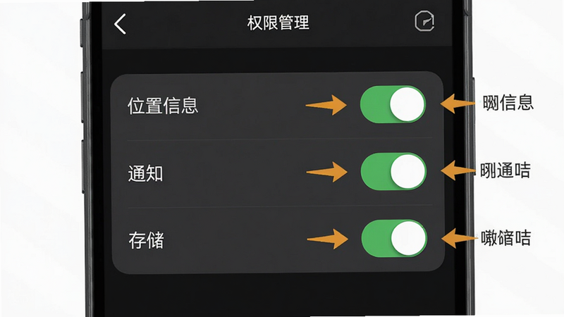手机设置界面截图,展示“权限管理”页面,高亮显示“位置信息”、“通知”、“存储”三个权限开关,旁边配有简短的操作指引箭头,背景为深灰色模式,界面元素清晰,科技感强,高分辨率,干净无水印