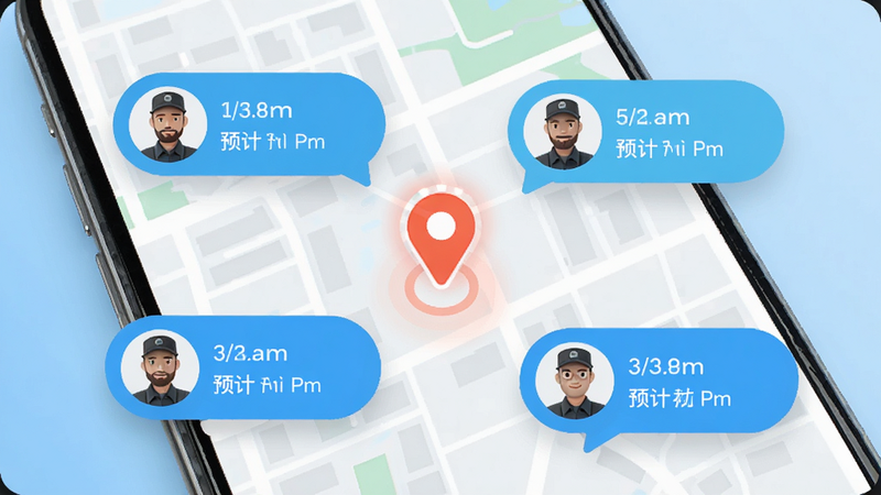 手机界面展示地图定位功能,中心点有一个闪烁的定位图标,周围环绕着多个代表技师的头像气泡,每个气泡旁标注着距离和预计到达时间,背景为简洁的城市地图轮廓,色调清新明亮,UI设计现代,细节清晰,4K画质