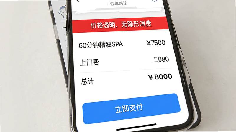手机界面展示订单确认页,清晰列出“60分钟精油SPA”、“上门费”、“总计”等金额明细,底部有一个醒目的蓝色“立即支付”按钮,上方有“价格透明,无隐形消费”的红色提示条,界面设计简洁明了,色彩对比鲜明,易于阅读,高清渲染