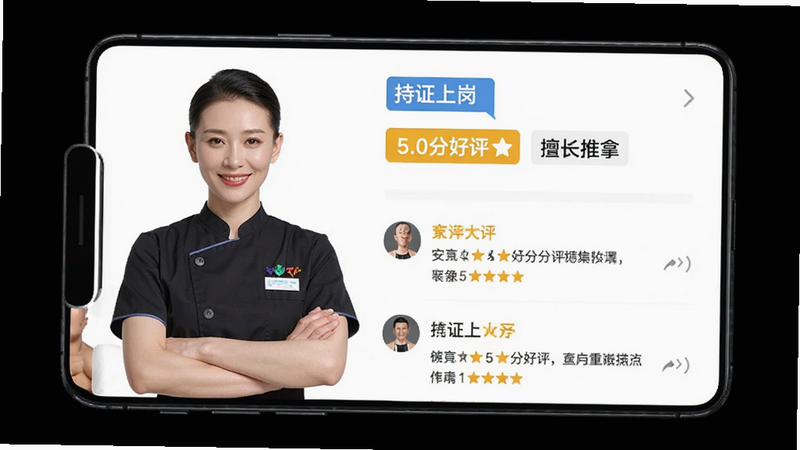 手机界面展示技师详情页,左侧为技师高清职业照,穿着整洁制服,面带微笑,右侧列出“持证上岗”、“5.0分好评”、“擅长推拿”等标签,下方是用户真实好评列表,界面排版整齐,字体清晰,背景纯白,极简风格,无杂乱装饰