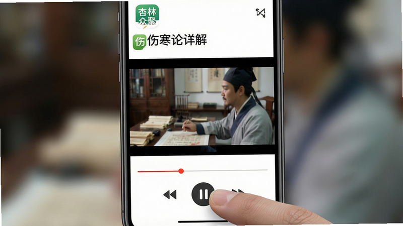 主体为手机屏幕特写,显示“杏林众聚”APP内的视频播放界面,布局为全屏播放模式,上方显示课程标题“伤寒论详解”,中间为视频画面,下方为进度条与控制按钮,背景模糊处理,突出屏幕内容,风格写实,细节展现手指点击暂停按钮的动作,画质高清,干净,无多余元素,文字“杏林众聚”在应用图标处可见