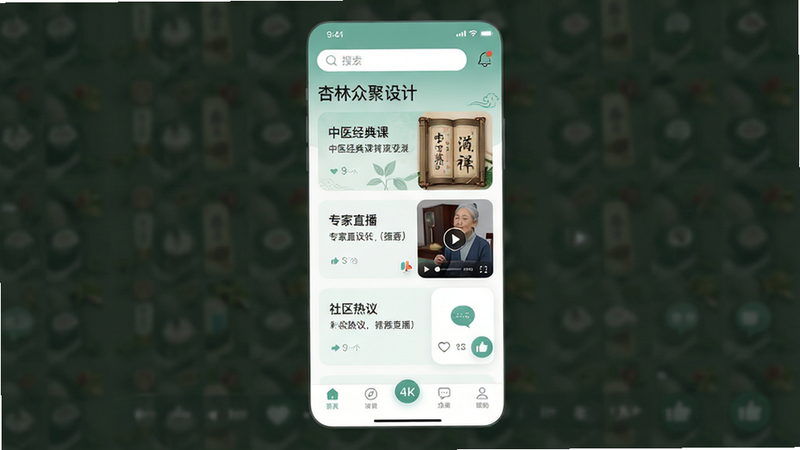 主体为“杏林众聚”APP的高保真UI设计图,布局采用典型的移动端竖屏界面,顶部为搜索栏与通知图标,中部核心区域展示“中医经典课”、“专家直播”、“社区热议”三个卡片式入口,底部为导航栏,风格为现代极简主义,配色以淡雅的青绿色与白色为主,体现中医文化韵味,细节处展现高清视频播放器界面与点赞互动图标,画质4k,干净,无多余元素,文字“杏林众聚”清晰可见