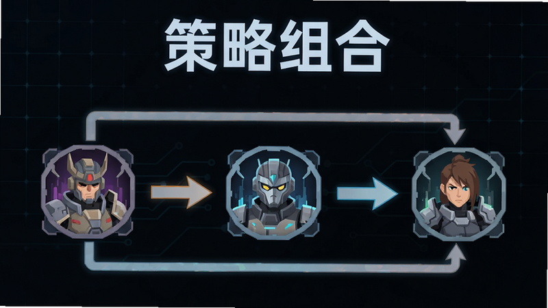 《燃烧纪元》技能搭配示意图,展示三个角色图标之间通过箭头连接表示羁绊关系,背景为深色科技感网格,上方有“策略组合”字样,扁平化设计风格,清晰展示逻辑关系,无多余装饰,高清画质