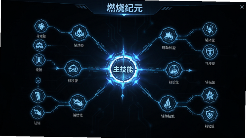 《燃烧纪元》技能树界面概念图,展示多个技能节点通过线条连接,中心为“主技能”高亮显示,周围环绕“辅助技能”节点,科技感蓝色线条,深色背景,清晰展示技能升级路径,无多余元素