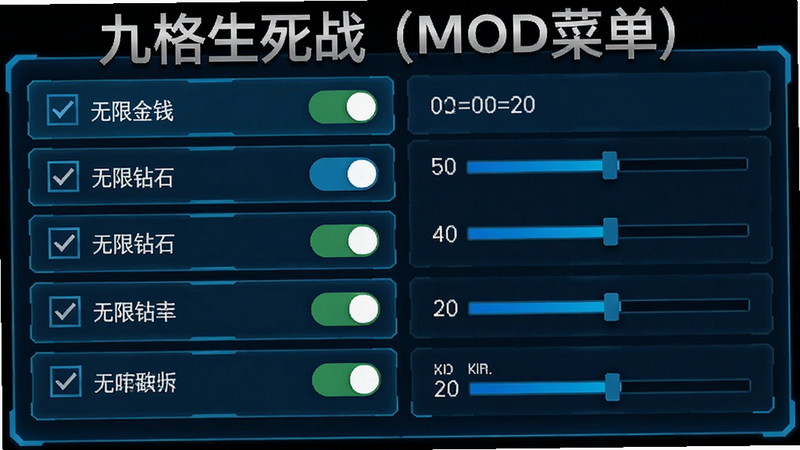 主体为游戏内MOD菜单界面,布局显示多个开关选项如'无限金钱'、'无限钻石',排版整齐,风格为科技蓝UI,细节包含勾选框与数值调节条,画质清晰,干净,无多余元素,文字'九格生死战(MOD菜单)'可见