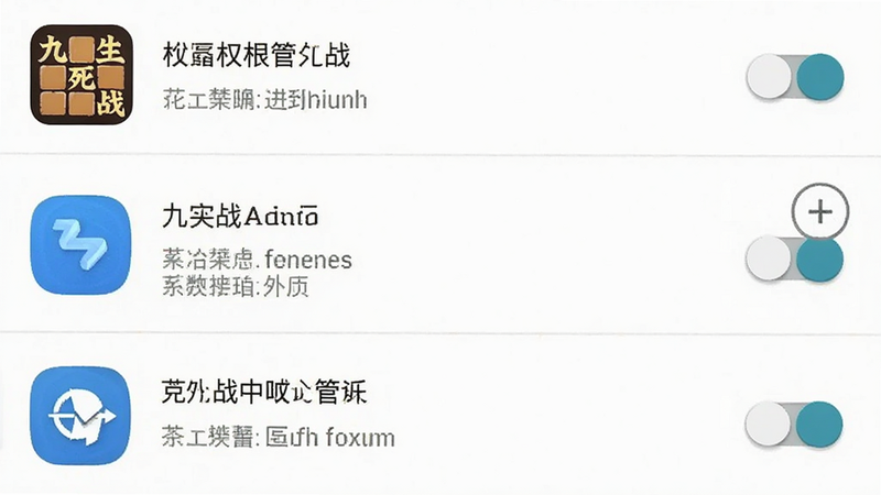 主体为手机设置界面截图,布局显示应用权限管理列表,排版纵向排列,风格为安卓原生UI,细节包含'九格生死战'应用图标与权限开关,画质清晰,干净,无多余元素