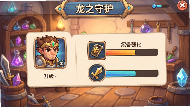 《龙之守护》养成界面展示,显示英雄升级、装备强化的进度条,背景为温馨的魔法工坊,界面元素清晰,色调柔和,风格为2D卡通,画质清晰,无多余装饰