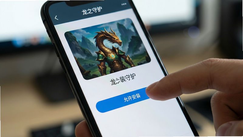手机屏幕显示《龙之守护》安装界面,手指点击“允许安装”按钮,背景模糊,突出操作细节,风格为写实摄影,清晰度高,无多余干扰