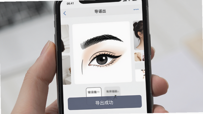 展示一诺集App的导出界面,用户正在将设计好的眉形图片保存至相册,屏幕下方显示“导出成功”提示,界面简洁,强调功能实用性,高清特写,无杂乱背景