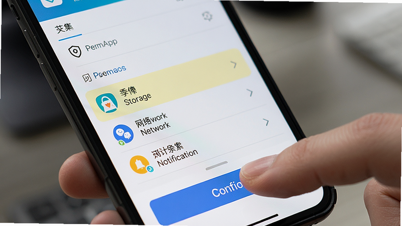 展示手机屏幕上的应用管理界面,高亮显示一诺集App的权限设置选项,包括存储、网络和通知权限,界面清晰,手指点击确认按钮,写实风格,细节清晰