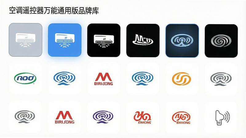 主体为手机应用界面截图,布局展示品牌选择网格,包含多个知名空调品牌Logo图标,排版整齐有序,风格为极简UI设计,细节显示选中状态高亮,文字包含