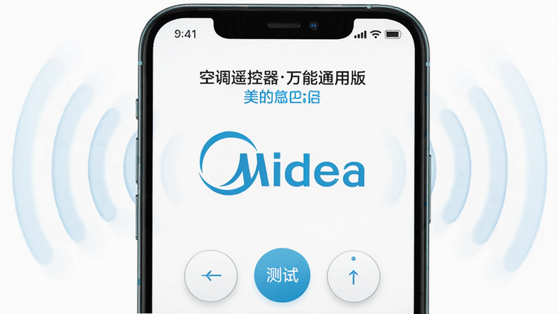 主体为手机界面,布局展示美的空调品牌Logo及测试按键,排版居中,风格为品牌定制UI,细节显示信号发射波纹,文字包含