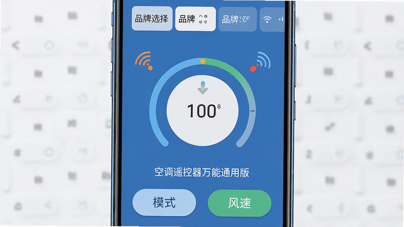 主体为智能手机屏幕界面,布局清晰展示空调控制主界面,顶部显示品牌选择列表,中部为圆形温度调节盘,底部为模式与风速按钮。排版简洁现代,风格为扁平化科技风,细节处体现红外发射图标,文字包含