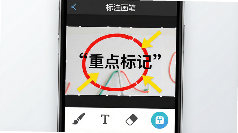 主体为一款名为“标注画笔”的手机应用界面展示图,背景为干净的浅灰色渐变。手机屏幕中央显示一张正在被编辑的照片,照片上覆盖着鲜艳的红色圆圈和黄色箭头,以及黑色的中文文字“重点标记”。界面底部有一排简洁的工具栏图标,包括画笔、文字、橡皮擦和保存按钮。整体风格为现代扁平化设计,色彩明快,细节清晰,画质高清,无多余装饰元素,文字内容加引号。