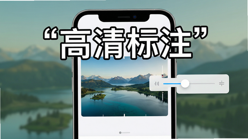 展示一个手机应用界面,屏幕中央是一张风景照片,照片上方叠加了清晰的白色中文文字“高清标注”,文字带有黑色描边以增强对比度。旁边有一个小的控制滑块,显示正在调整透明度。界面元素简洁,色彩搭配和谐,突出文字与图像的融合效果。风格现代简约,排版整齐,细节清晰,画质高,无杂乱背景,文字内容加引号。
