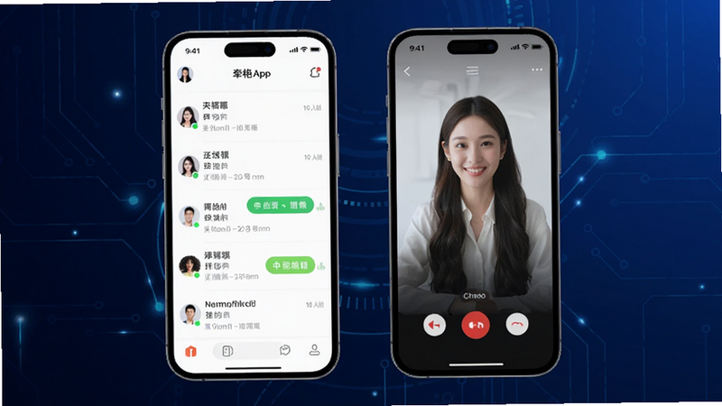 主体为牵艳App的手机界面展示,布局居中,背景为深蓝色科技感渐变,手机屏幕显示聊天列表与视频通话界面,风格现代简约,细节包含用户头像、在线状态图标,画质高清,干净,无多余元素