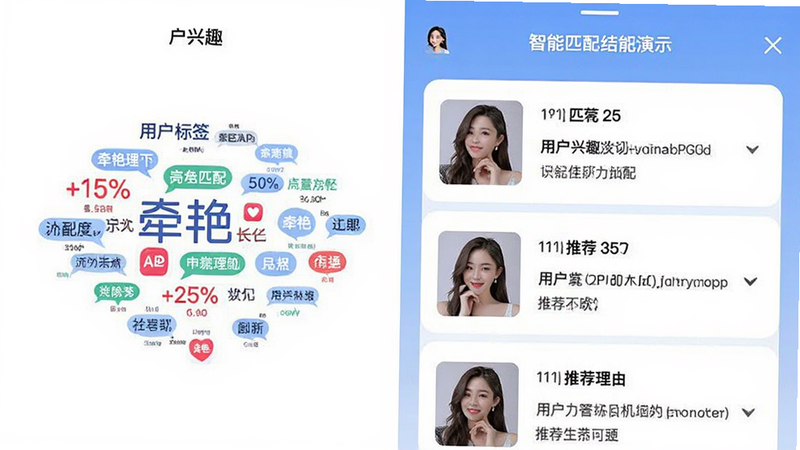 主体为牵艳App的智能匹配功能演示,布局为左右对比结构,左侧显示用户兴趣标签云,右侧显示匹配结果列表,风格扁平化,细节包含匹配度百分比、推荐理由文本,画质清晰,干净,无多余元素