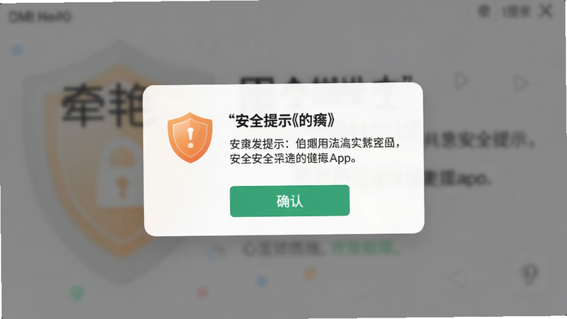 主体为牵艳App的安全提示界面,布局居中弹窗,背景半透明模糊,风格警示性,细节包含盾牌图标、安全提示文字、确认按钮,画质清晰,干净,无多余元素
