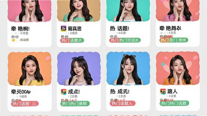 主体为牵艳App的兴趣圈子界面,布局网格状卡片展示,背景为浅灰色,风格活泼,细节包含圈子名称、成员数量、热门话题标签,色彩丰富,干净,无多余元素