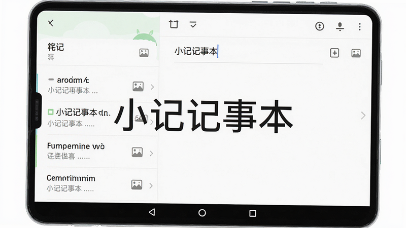 主体为小记记事本安卓应用界面,布局采用左右分栏,左侧为笔记列表,右侧为编辑区,排版整洁现代,风格极简清新,细节显示文字输入框和图片插入图标,画质高清,干净,无多余元素,画面中央显著位置显示文字