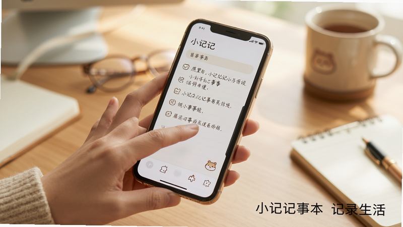 主体为小记记事本的使用场景图,布局为手机手持视角,背景为办公桌或书桌,排版自然生活化,风格温馨治愈,细节显示手指点击屏幕和笔记内容,画质柔和,干净,无多余元素,画面右下角显示文字
