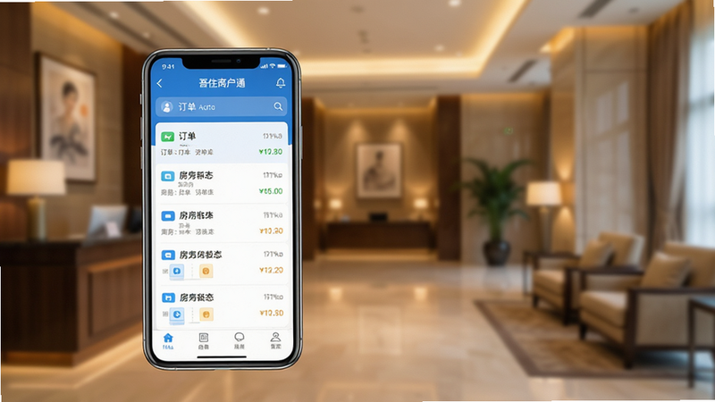 画面主体为一部现代智能手机,屏幕显示“吾住商户通”APP界面,背景为温馨的酒店大堂虚化场景,风格为写实主义,高清画质,界面清晰展示订单列表与房态图,无多余元素,文字清晰可读,布局整洁,色彩以蓝色和白色为主,体现专业与洁净感