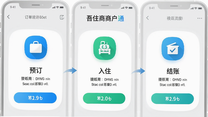 展示“吾住商户通”APP内的订单处理流程界面,分为预订、入住、结账三个步骤,图标设计简约,色彩明亮,背景为浅灰色,强调操作流程的顺畅与高效,高清渲染,无杂乱背景,体现科技与便捷
