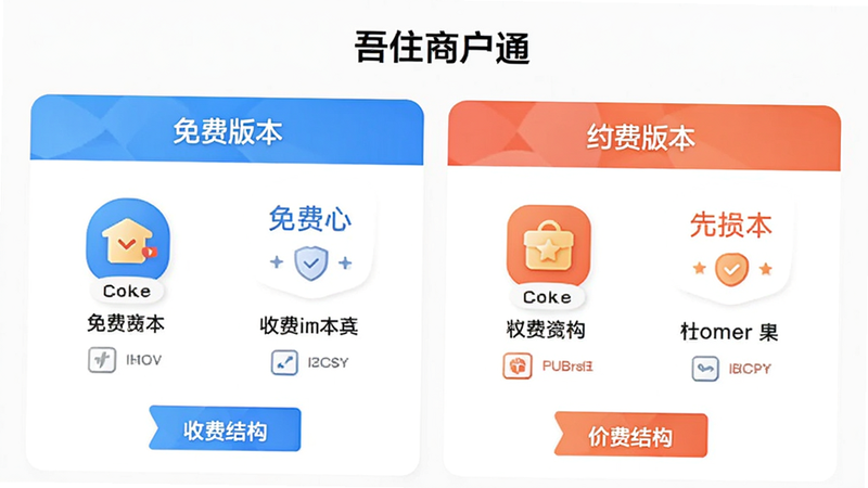 展示“吾住商户通”APP内的会员中心界面,显示免费版本与付费版本的权益对比,图标清晰,色彩区分明显,背景为白色,布局整齐,高清画质,无多余装饰,直观展示收费结构与价值